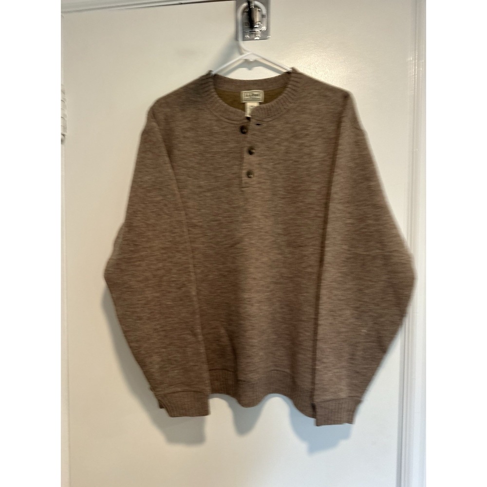 LL Bean Preppy Minimalist Henley Sweater Sz:L Brown Button 100% Wool